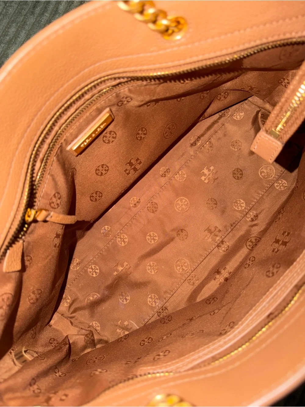 Tory Burch Camel Tan Leather Tote with Gold Chain Accents